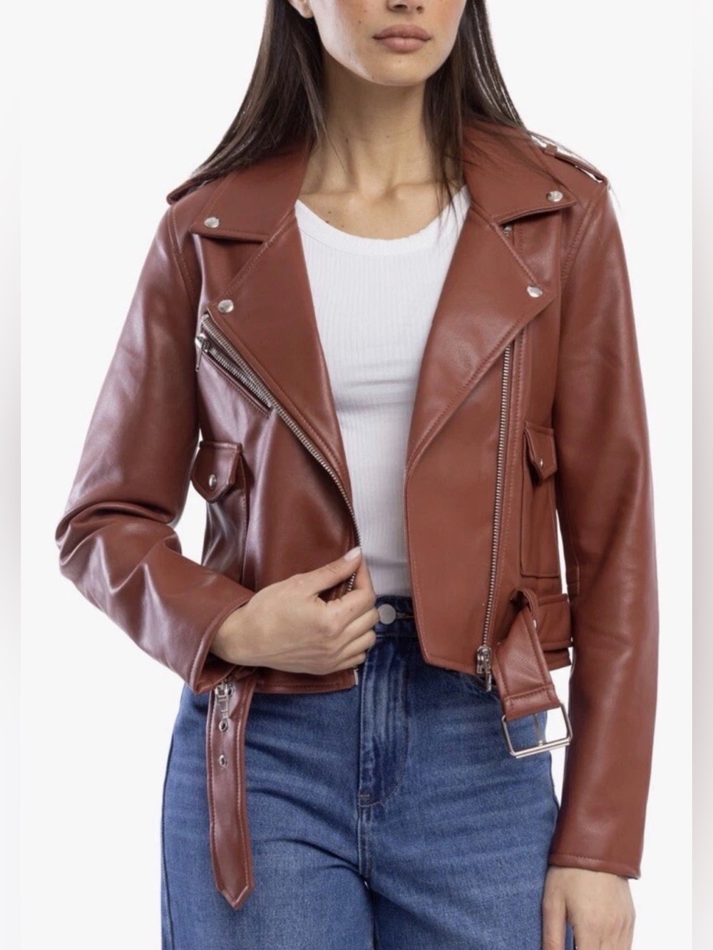 Blank NYC Cognac Faux Leather Moto Jacket
